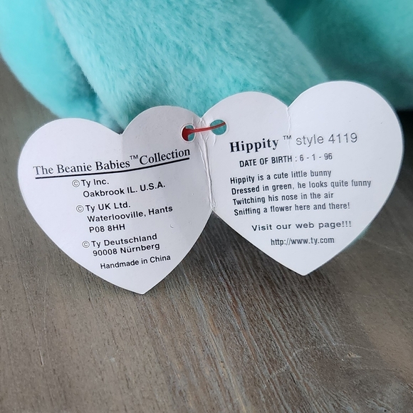 π° TY Beanie Baby β "Hippity" the Aqua Plush Bunny (1996) β Vintage Collectible - Picture 11 of 13